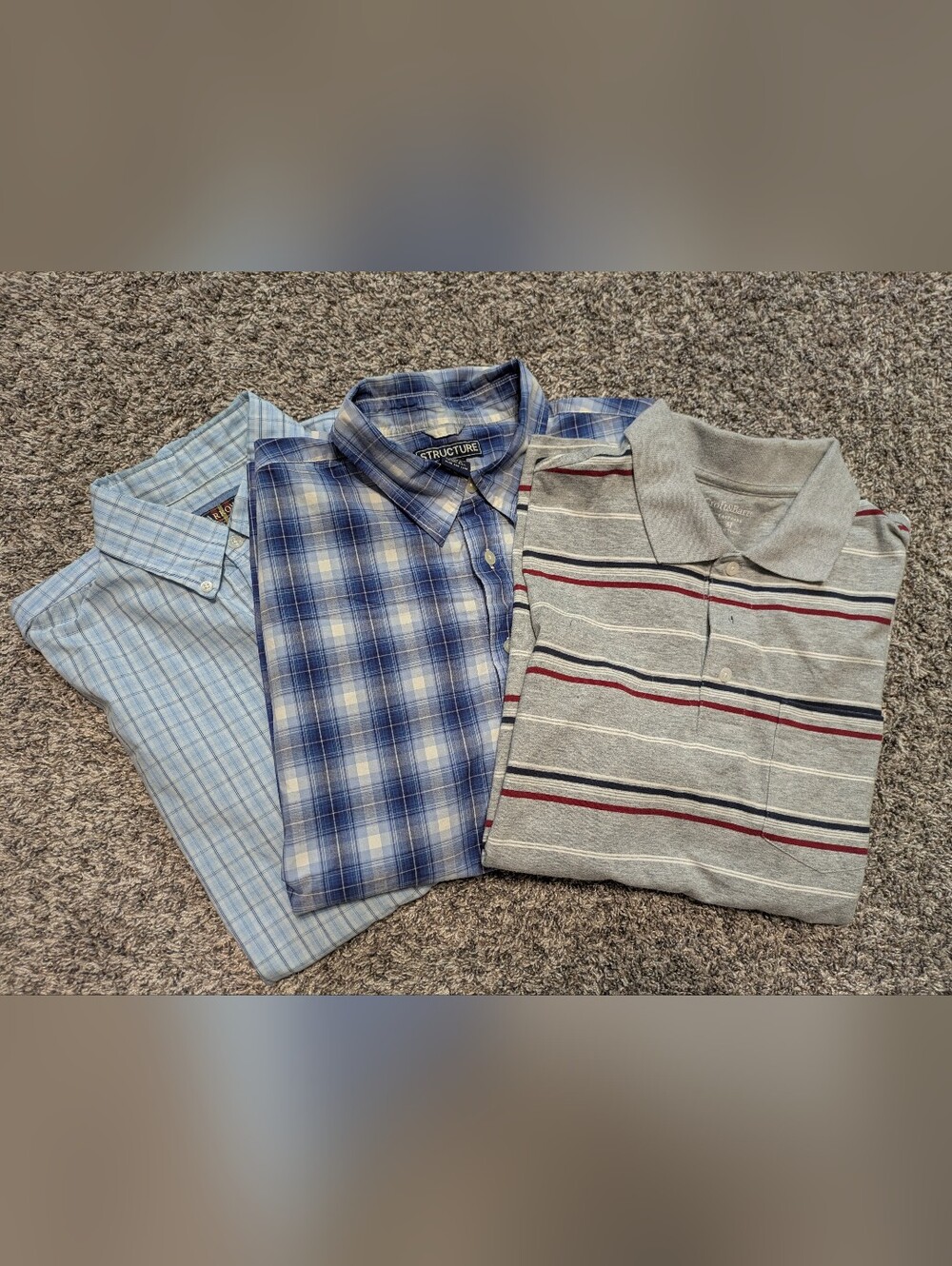 Set Of 3 Short Sleeve - Gray Striped Polo with Navy Accents, And 2 Blue Plaid